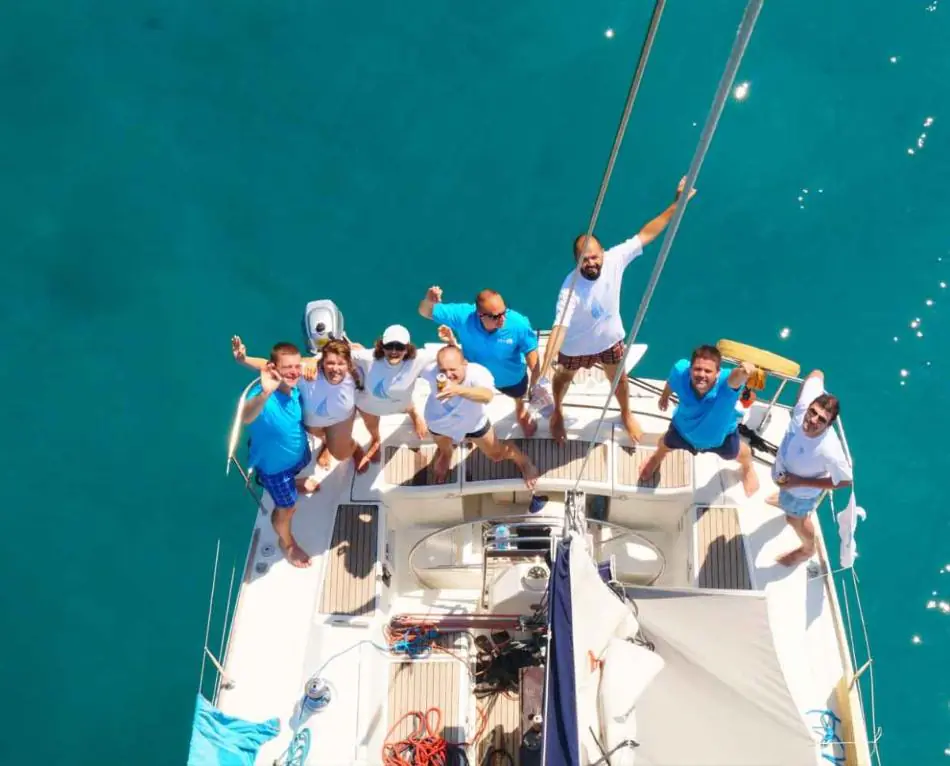 The SabeeApp team on a sailboat during a team trip