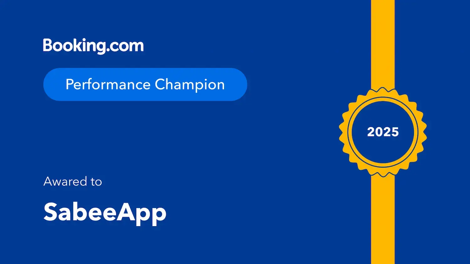SabeeApp'a verilen Booking.com Performance Champion: Hotels 2025 rozeti