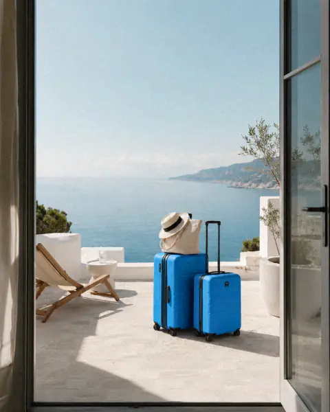 Suitcases on a terrace overlooking the sea