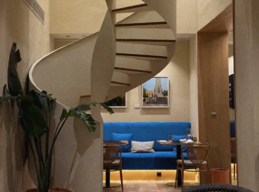 Hotel lobby with a spiral staircase