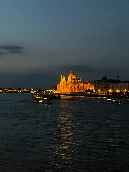 The Hungarian Parliament lit up at night on the Danube in Budapest
