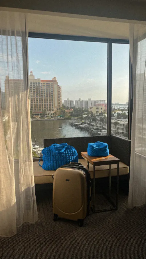 Luggage in a room overlooking a bay