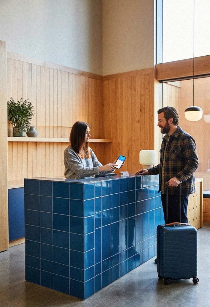 Guest checking in at a blue tiled reception desk