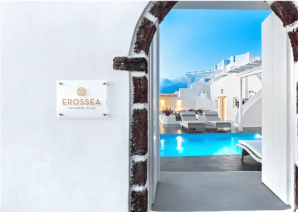 Erossea Villa entrance and pool, Santorini